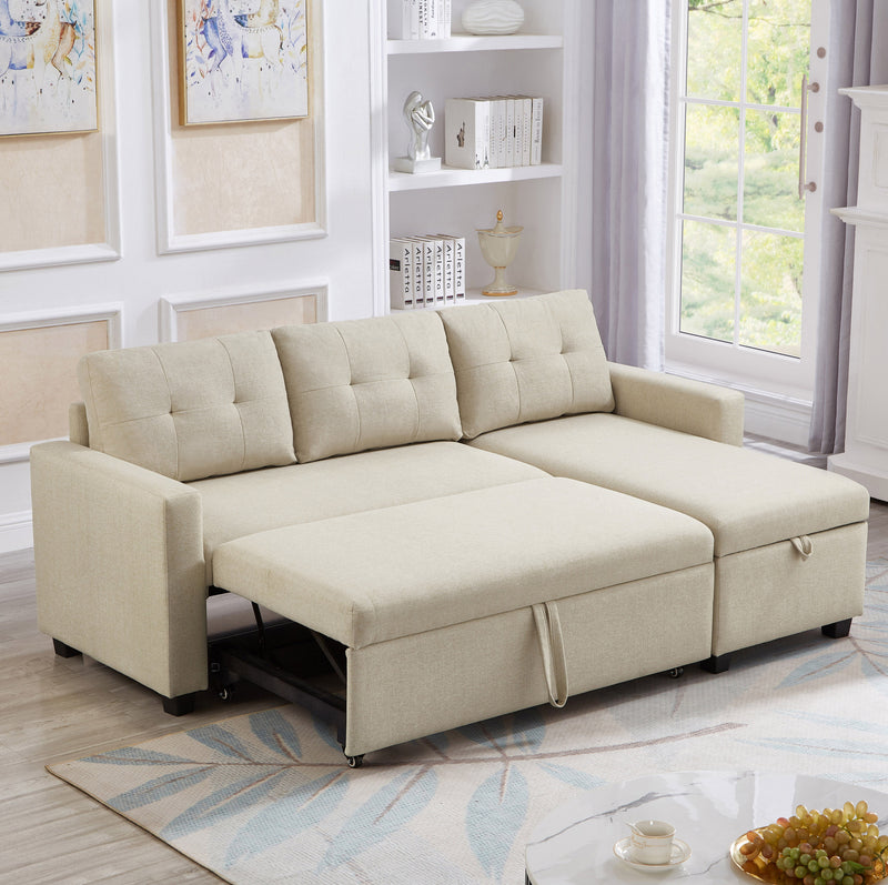 Walker Edison | Linen Pull Out Sectional Sofa with Storage Chaise