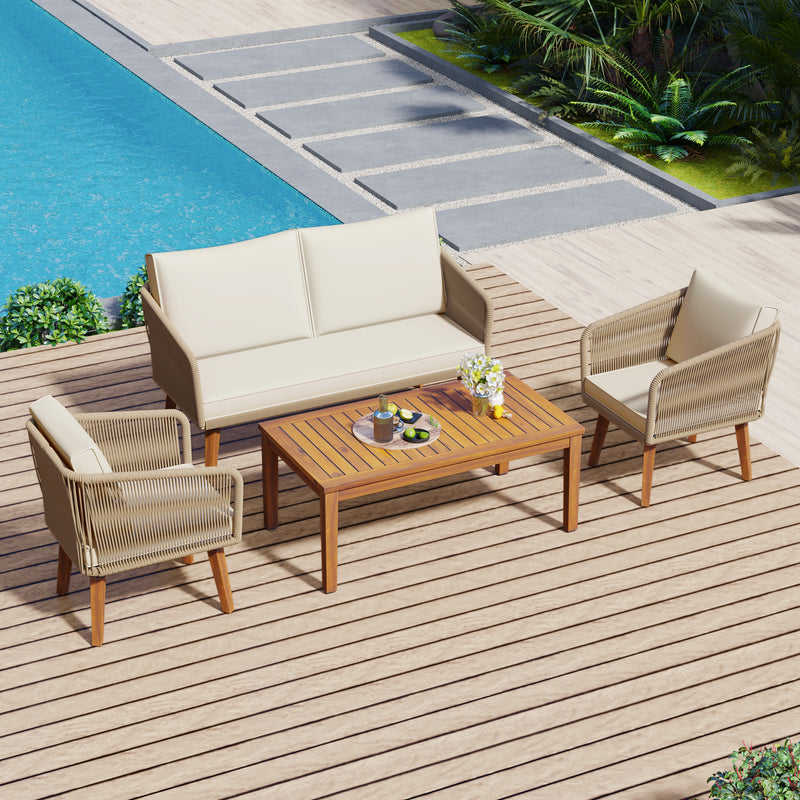 Walker Edison | Rope Design Solid Wood 4-Piece Patio Conversation Set