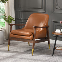 Mid-Century Faux Leather Accent Chair with Solid Wood Frame