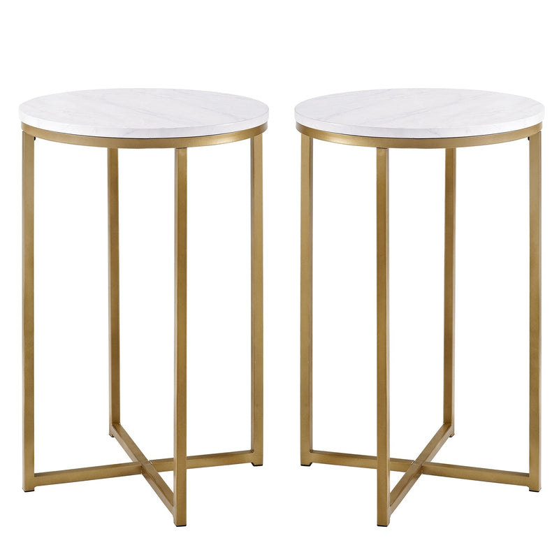 Modern Glam Round Side Table Set Living Room Walker Edison Faux White Marble/Gold 