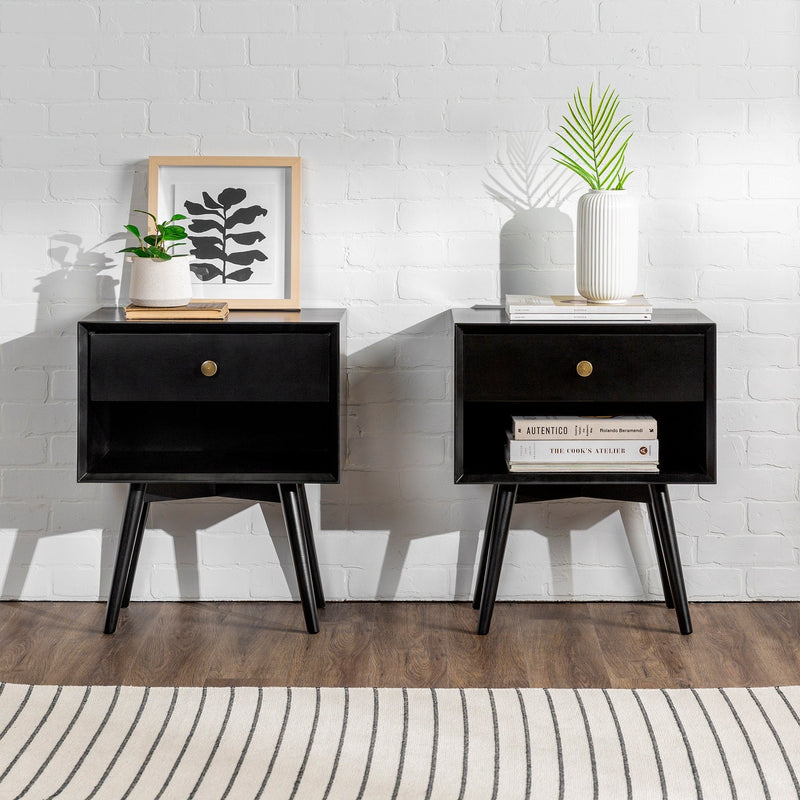 Mid-Century Solid Wood Nightstand Collection (1 or 2 Drawer) Bedroom Walker Edison 1 Drawer 2PK Black 