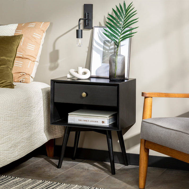 Mid-Century Solid Wood Nightstand Collection (1 or 2 Drawer) Bedroom Walker Edison 1 Drawer Black 