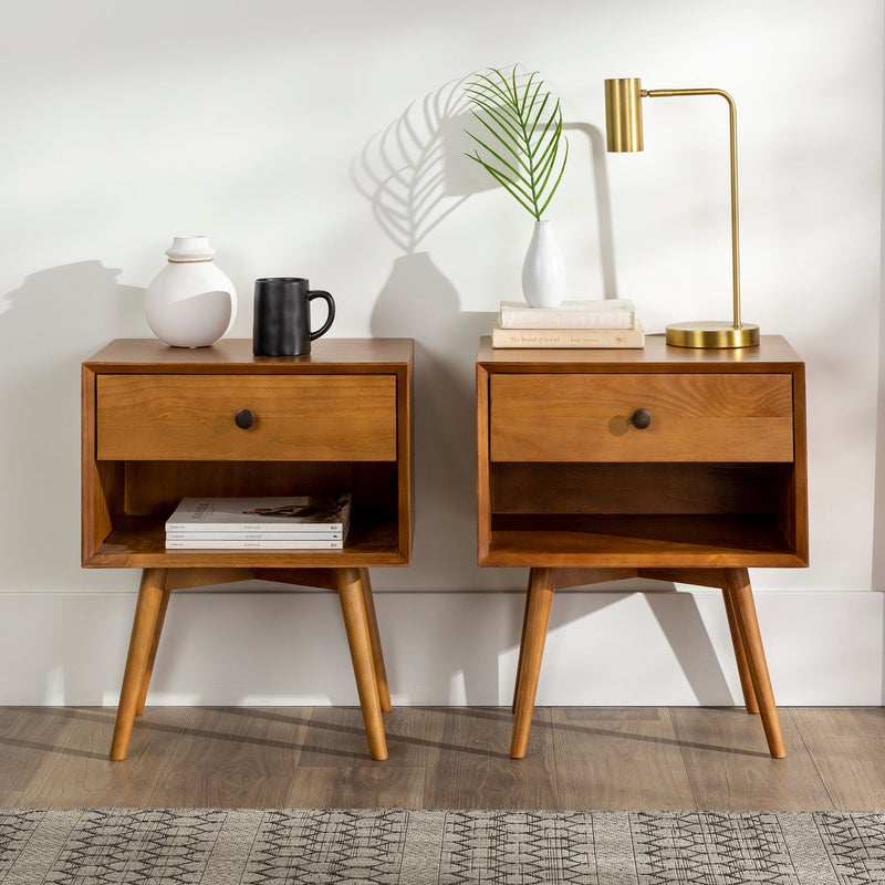 Mid-Century Solid Wood Nightstand Collection (1 or 2 Drawer) Bedroom Walker Edison 1 Drawer 2PK Caramel 