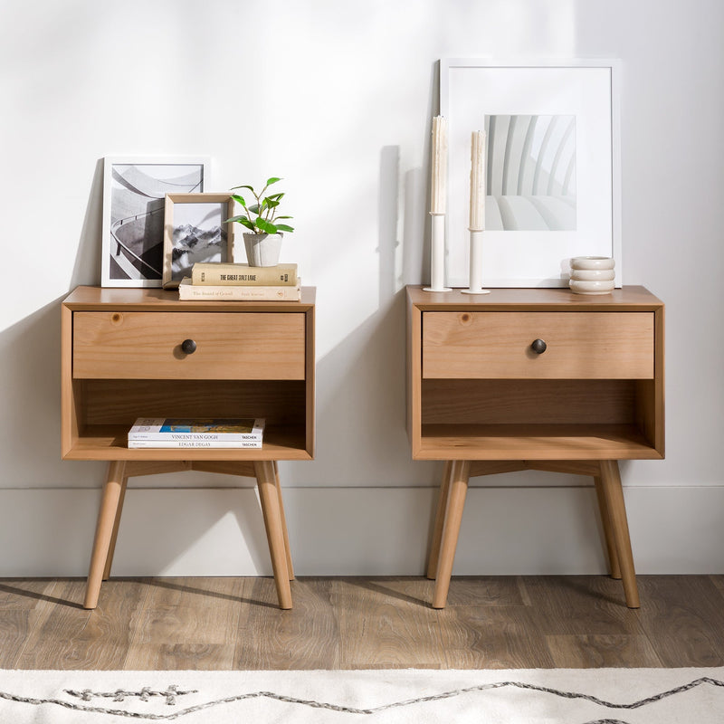 Mid-Century Solid Wood Nightstand Collection (1 or 2 Drawer) Bedroom Walker Edison 1 Drawer 2PK Natural Pine 