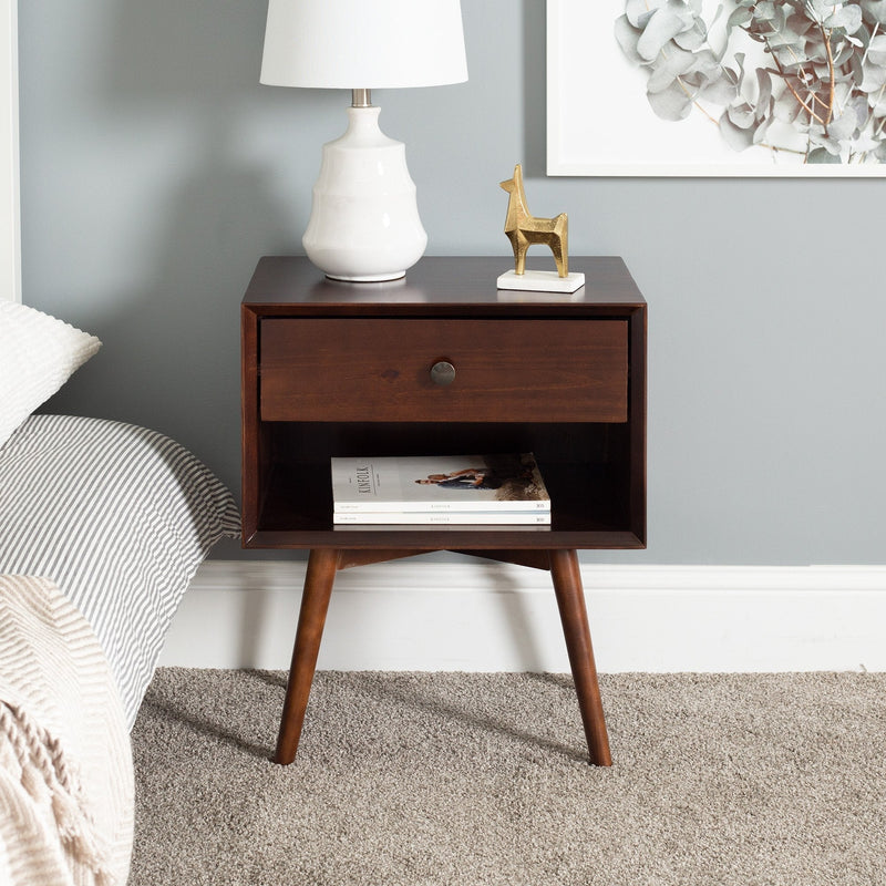 Mid-Century Solid Wood Nightstand Collection (1 or 2 Drawer) Bedroom Walker Edison 1 Drawer Walnut 