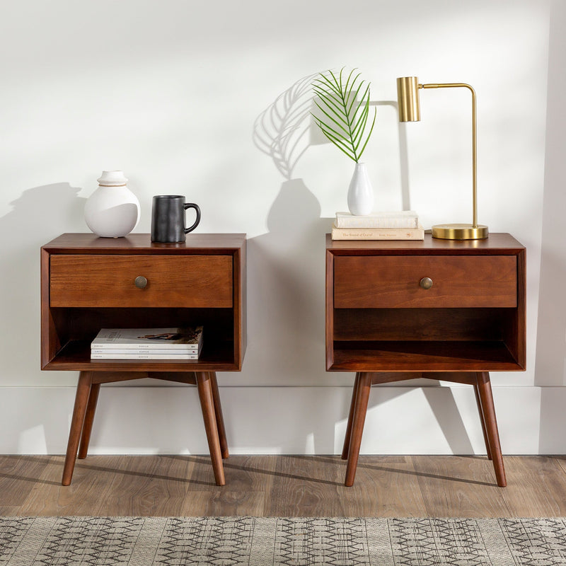 Mid-Century Solid Wood Nightstand Collection (1 or 2 Drawer) Bedroom Walker Edison 1 Drawer 2PK Walnut 