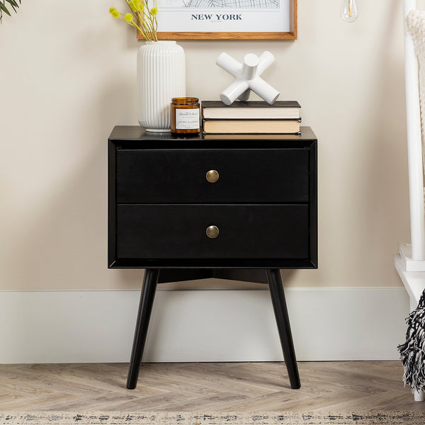 Mid-Century 2 Drawer Solid Wood Nightstand Bedroom Walker Edison Black 