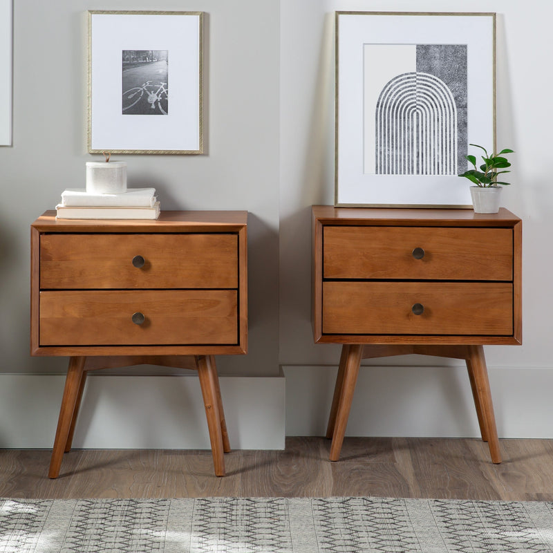 Mid-Century Solid Wood Nightstand Collection (1 or 2 Drawer) Bedroom Walker Edison 2 Drawer 2PK Caramel 