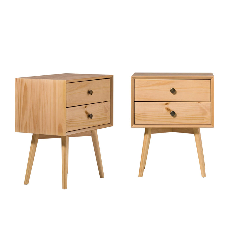 Mid-Century Solid Wood Nightstand Collection (1 or 2 Drawer) Bedroom Walker Edison 2 Drawer 2PK Natural Pine 