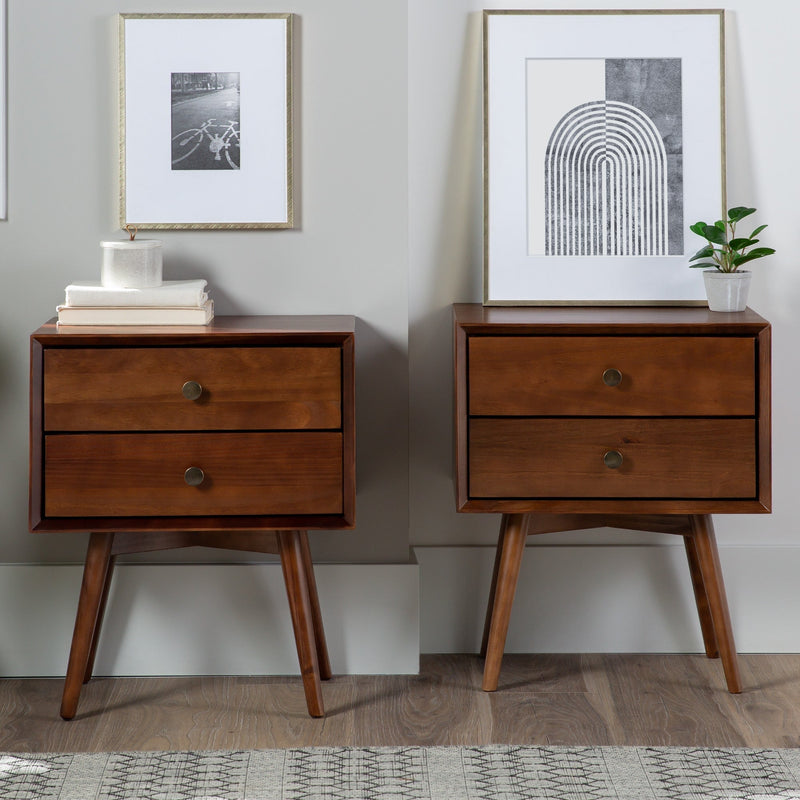 Mid-Century Solid Wood Nightstand Collection (1 or 2 Drawer) Bedroom Walker Edison 2 Drawer 2PK Walnut 