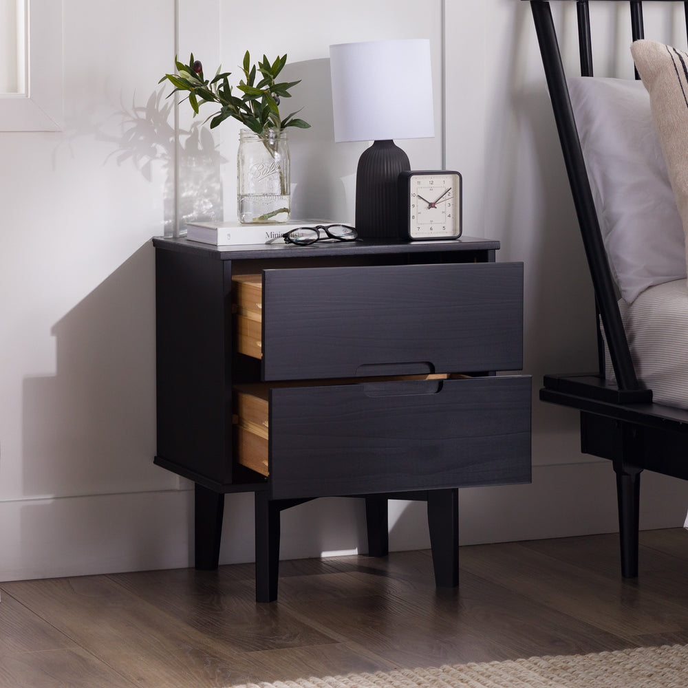 Mid-Century Modern Solid Wood 2-Drawer Nightstand Black Mid-Century Modern Solid Wood 2-Drawer Nightstand Black