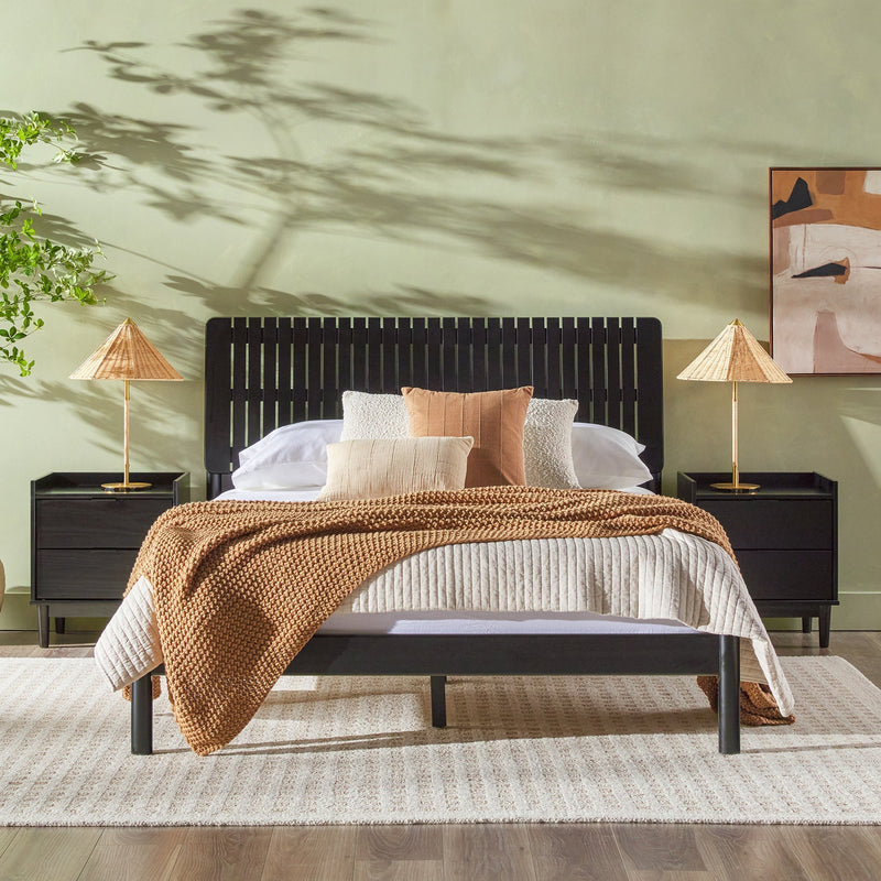 Slatted Headboard Mid-Century Modern Solid Wood Bed Living Room Walker Edison 