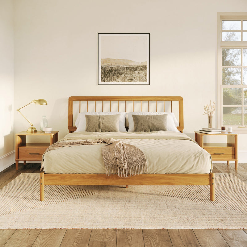 Mid-Century Modern Slatted Solid Wood Bedframes Bedroom Walker Edison Caramel King 