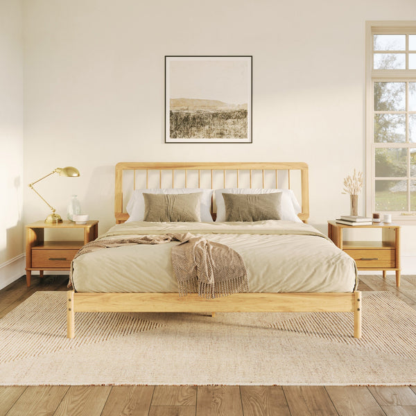 Mid-Century Modern Slatted Solid Wood Bedframes Bedroom Walker Edison Natural Pine King 