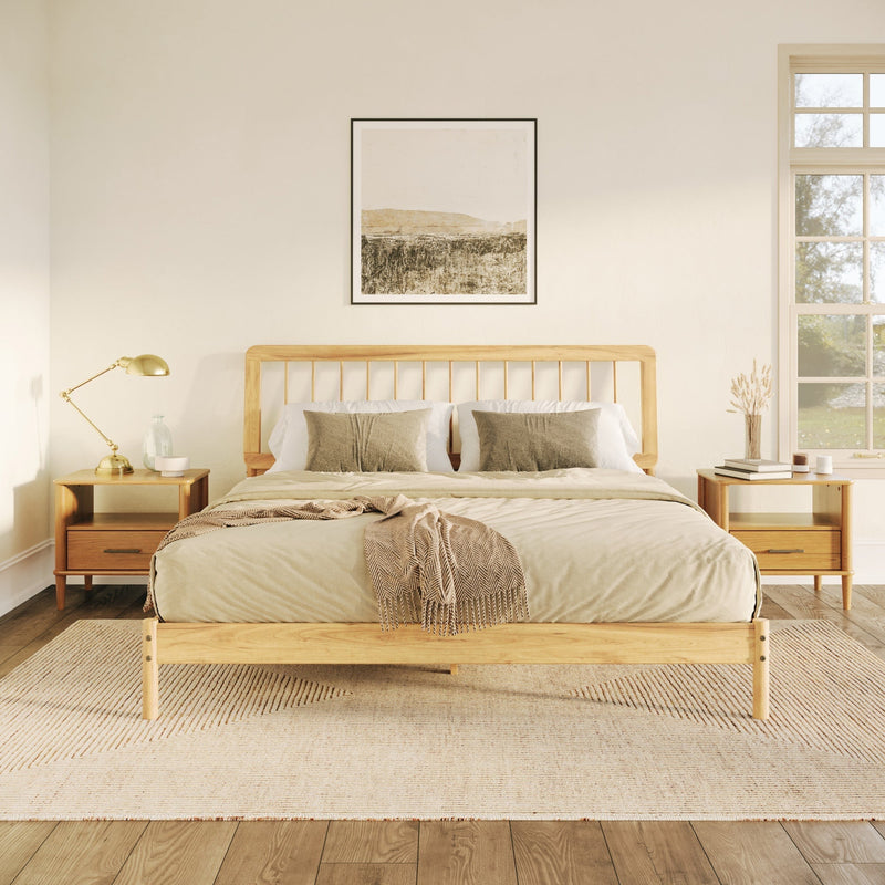 Mid-Century Modern Slatted Solid Wood Bedframes Bedroom Walker Edison Natural Pine King 