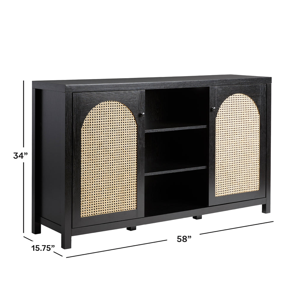 Walker Edison Sasha 58" 2-Door Sideboard Buffet With Rattan Panels – English Oak, Cord Management Cutout