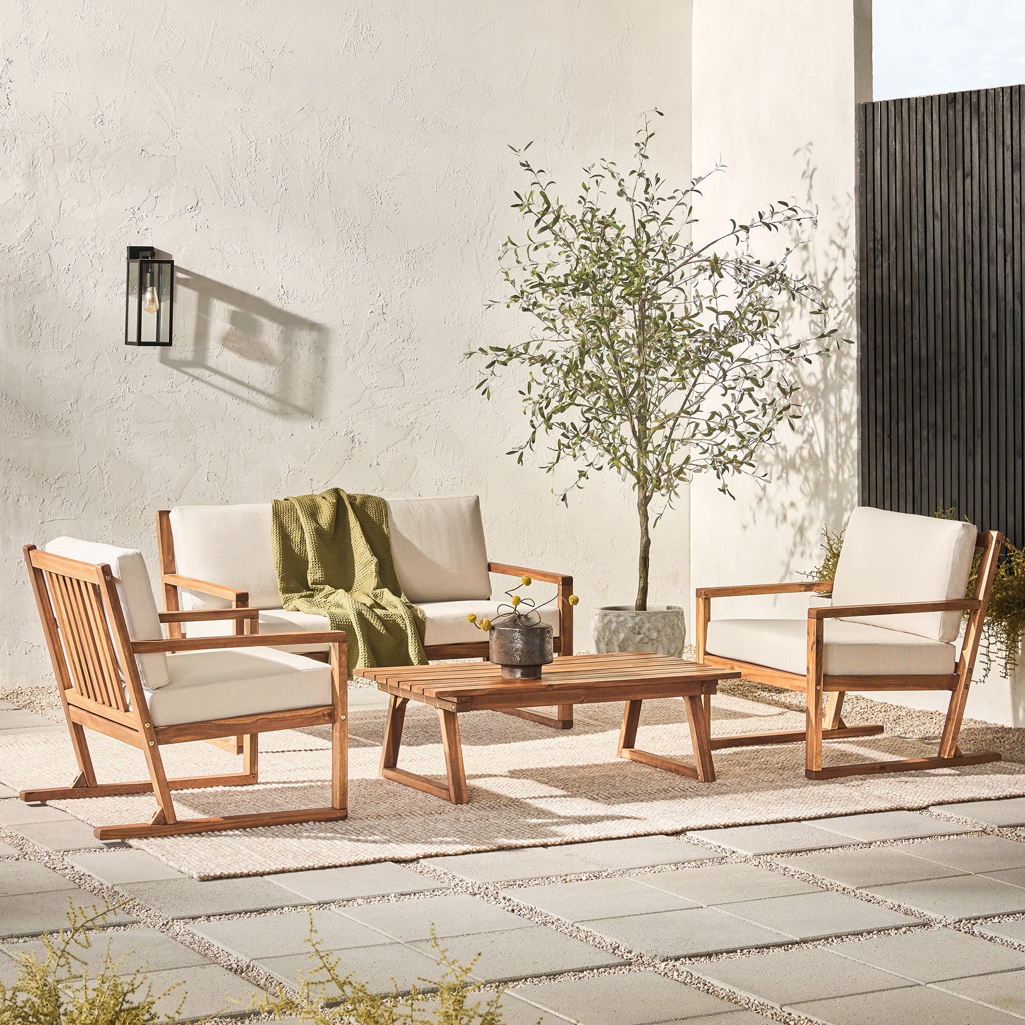 Prenton 4-Piece Modern Acacia Outdoor Slatted Chat Set with Coffee Tab ...