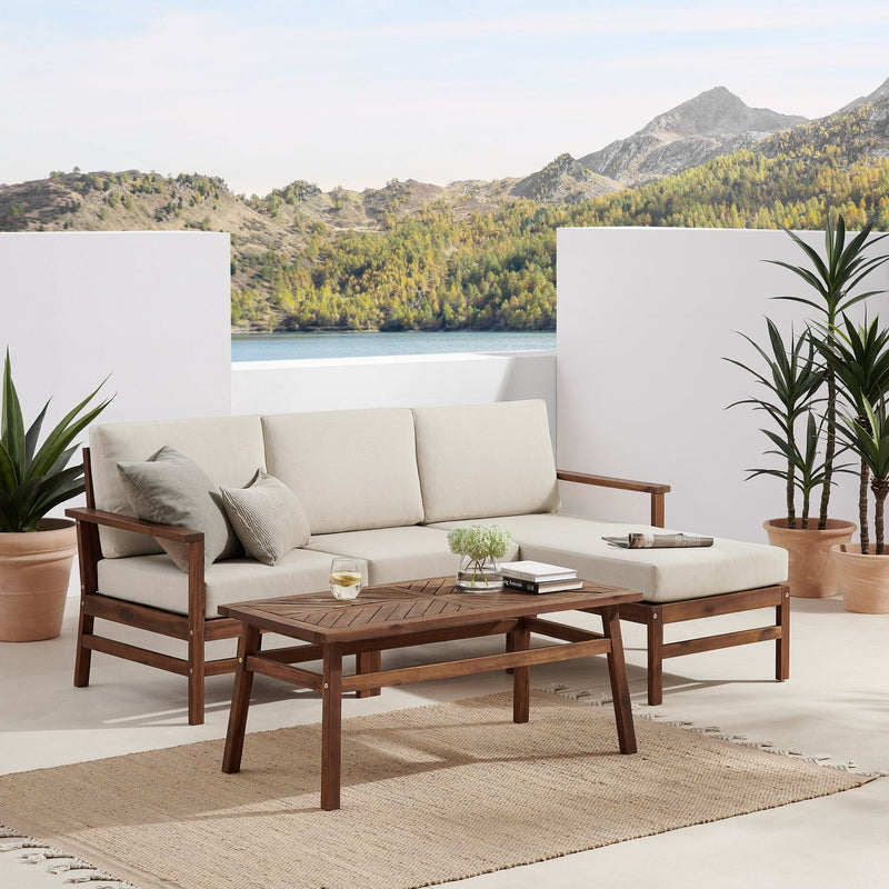 4-Piece Modern Chevron Acacia Outdoor Chaise Sectional with Coffee Table Living Room Walker Edison 