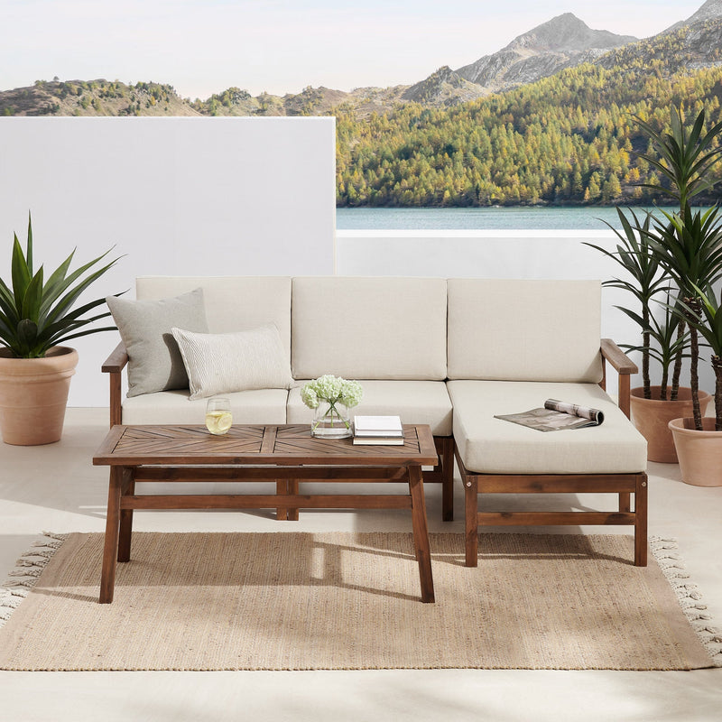 4-Piece Modern Chevron Acacia Outdoor Chaise Sectional with Coffee Table Living Room Walker Edison Dark Brown 