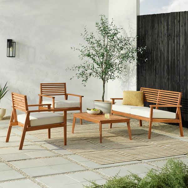 4-Piece Mid-Century Modern Acacia Outdoor Slat-Back Chat Set with Coffee Table Living Room Walker Edison Brown 