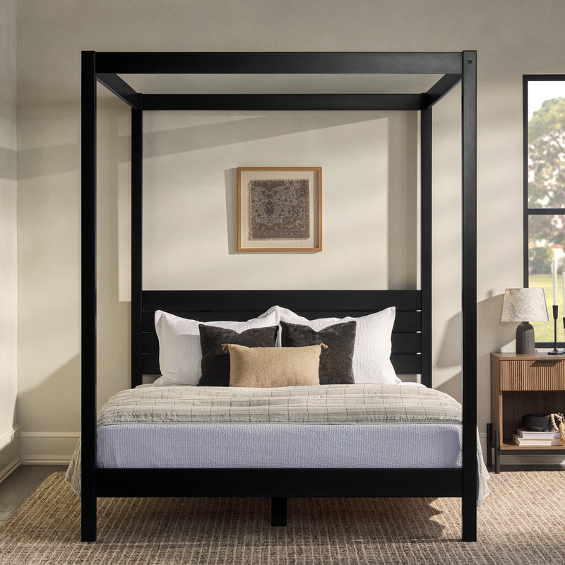 Minimalist Solid Wood Low Bedframe Bedroom Walker Edison With Canopy Queen Black