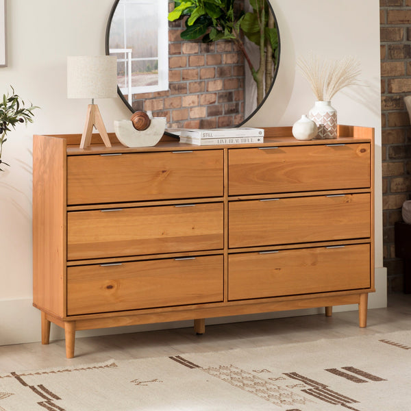 Lee Mid-Century Modern Wood Dresser 6-Drawer Wide Dresser / Caramel Lee Mid-Century Modern Wood Dresser 6-Drawer Wide Dresser / Caramel