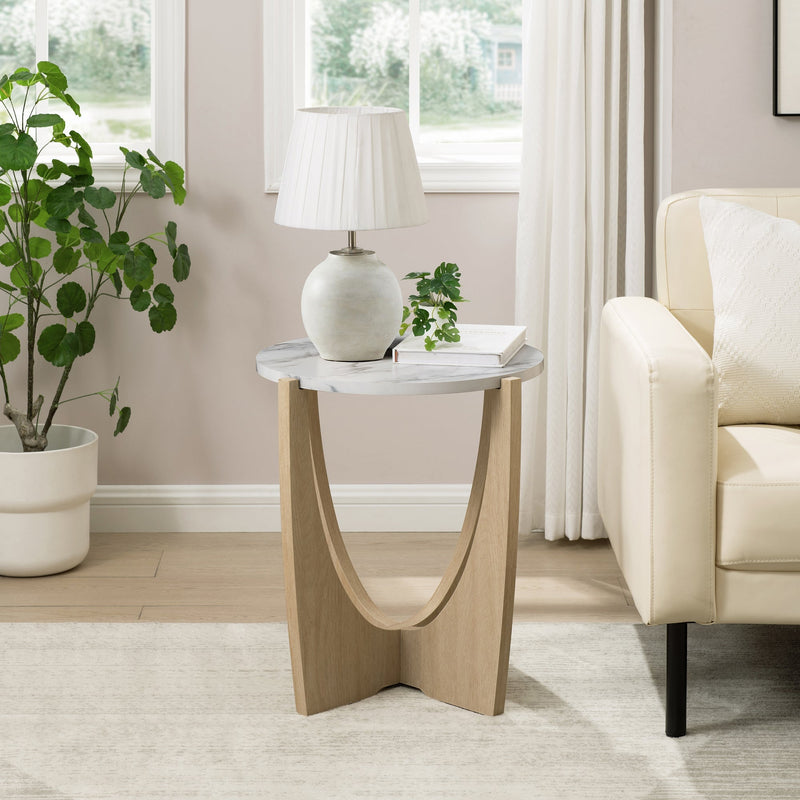 19" Round Side Table with Open Crossed Arch Base Living Room Walker Edison Calacatta Marble/Coastal Oak 