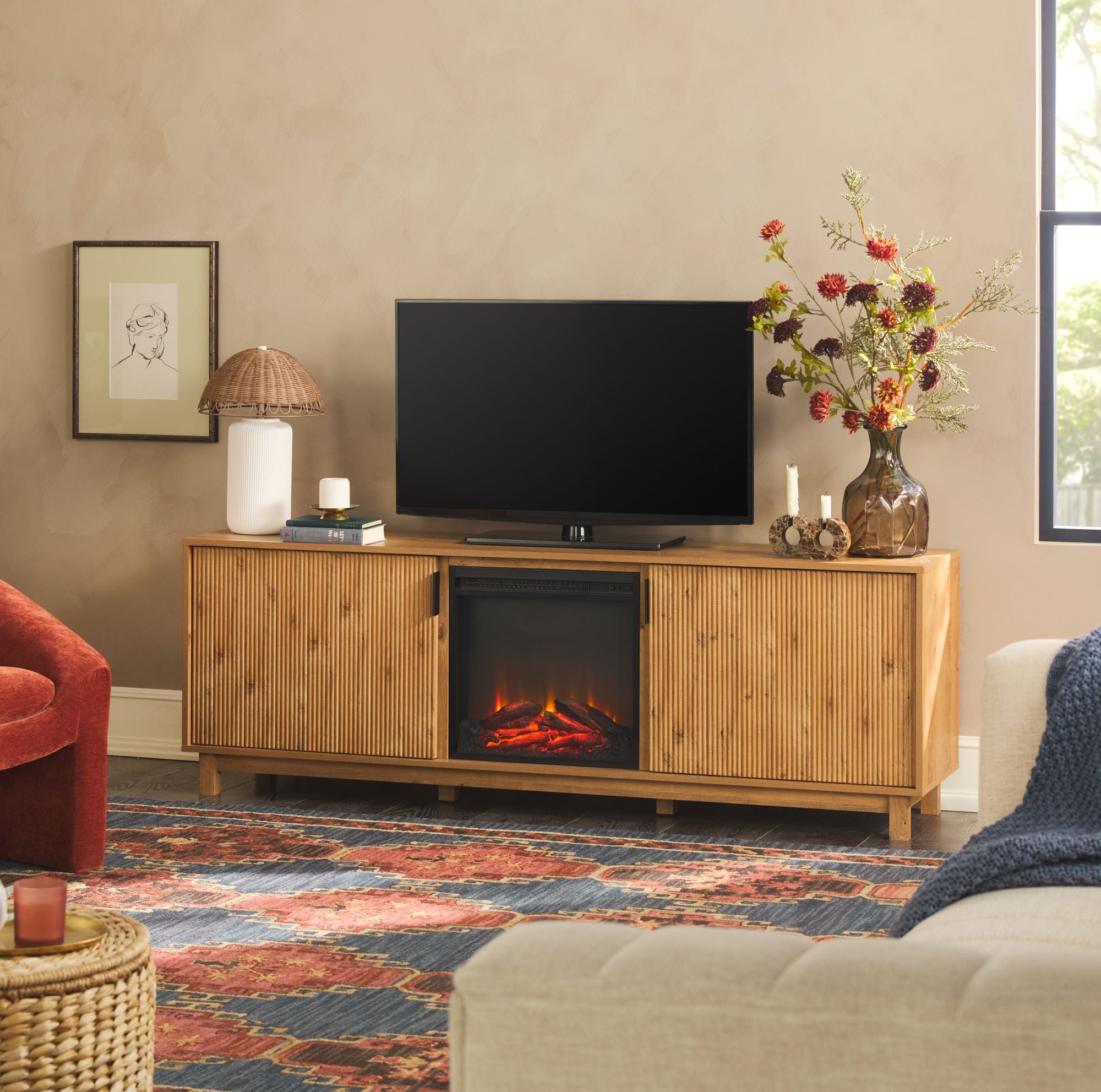 Reema 70-Inch Reeded TV Stand with Fireplace | Walker Edison