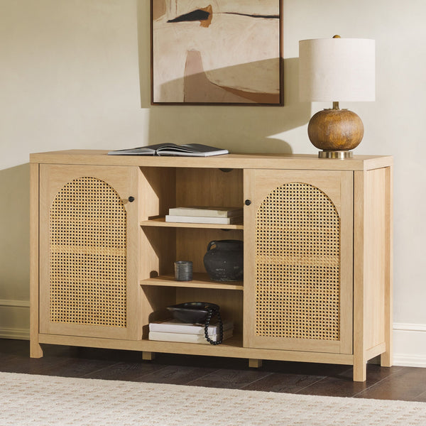 58" 4 Door Sideboard with Arched Rattan Panels Walker Edison Coastal Oak 