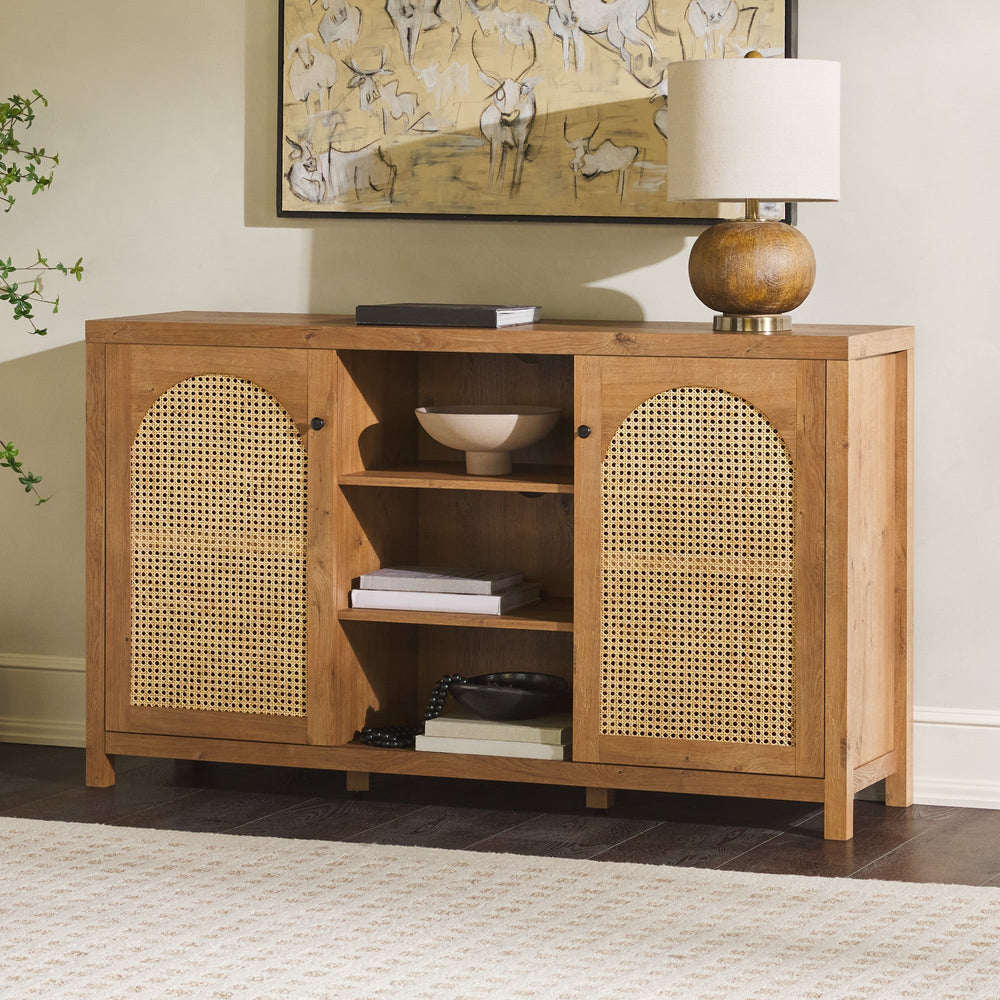 Walker Edison Destin Modern - Soporte de TV con puerta de ratán minimalista para televisores de hasta 80 pulgadas, 70 pulgadas, color negro