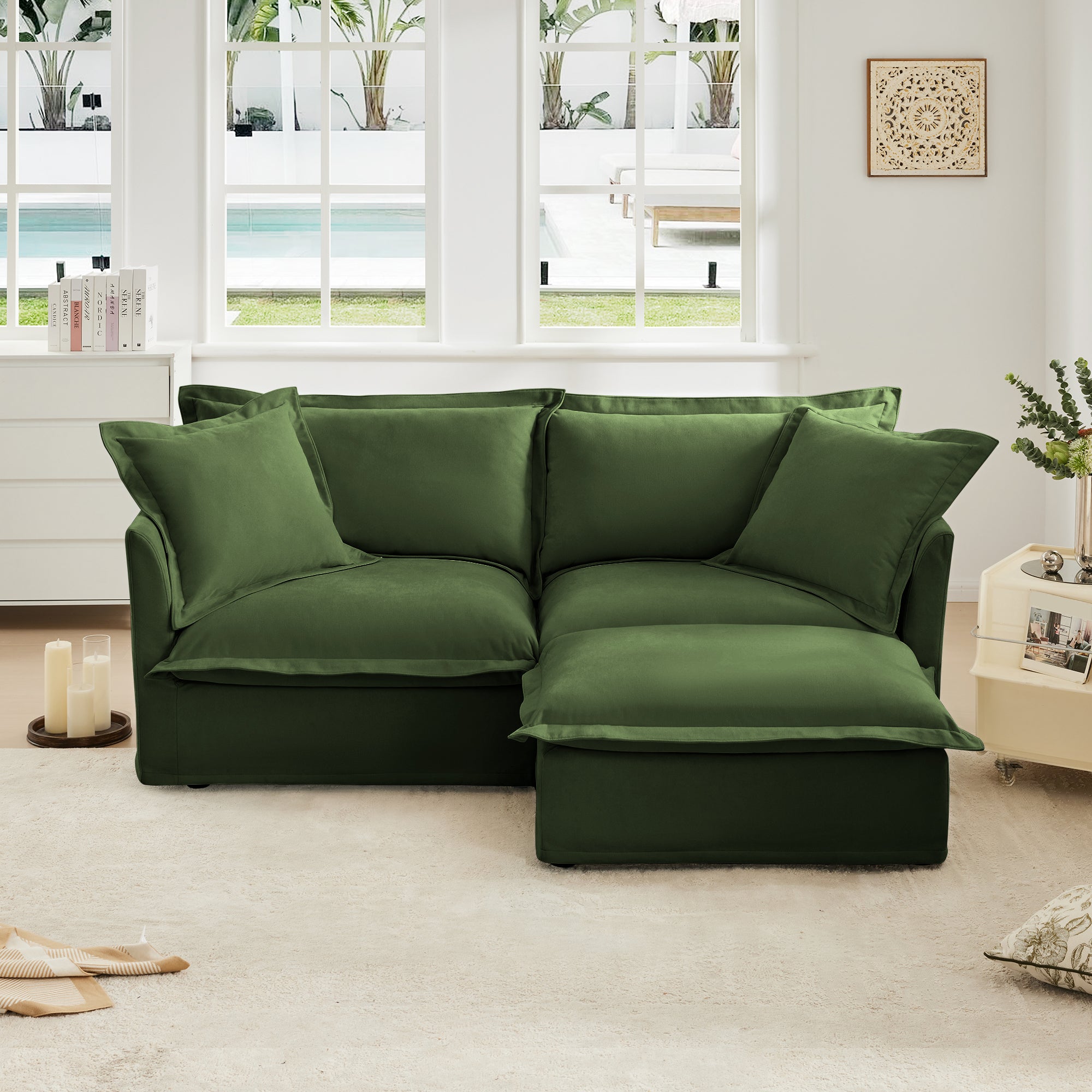 Walker Edison | Cloud Slipcovered Loveseat Sectional with Ottoman