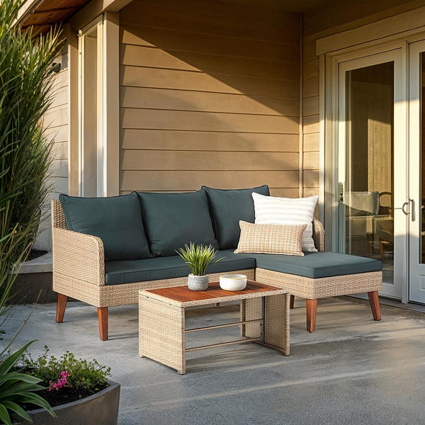 Walker Edison | Wicker Weather Proof 3 Piece Patio Sectional Chat Set