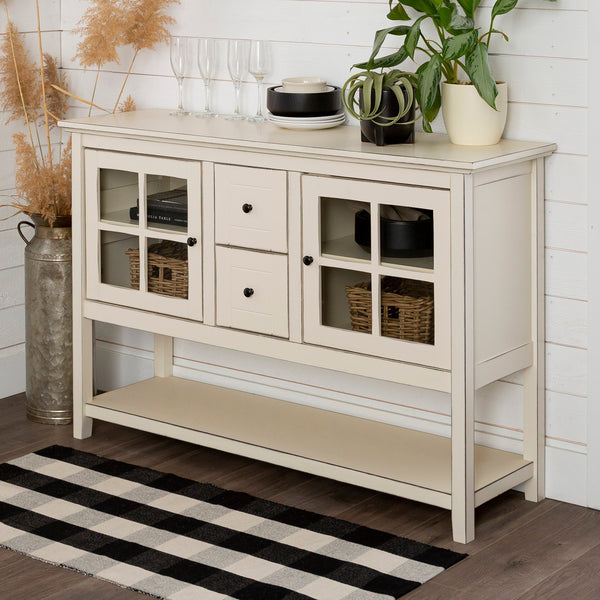 Farmhouse Wood and Glass Buffet Living Room Walker Edison Antique White 