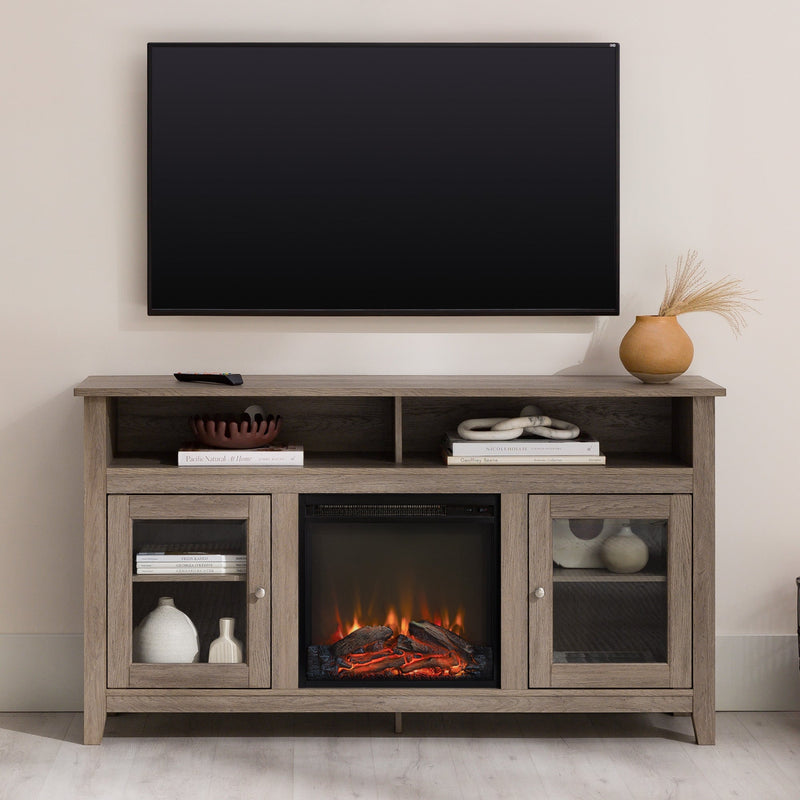Wasatch 58" Transitional Fireplace Glass Wood TV Stand Living Room Walker Edison Driftwood 