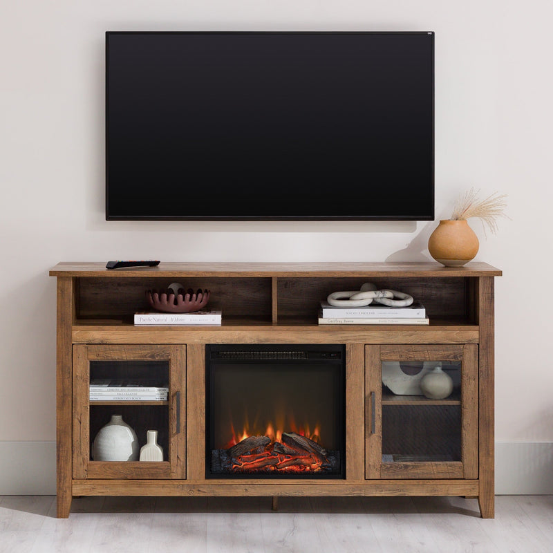 Wasatch 58" Transitional Fireplace Glass Wood TV Stand Living Room Walker Edison Rustic Oak 