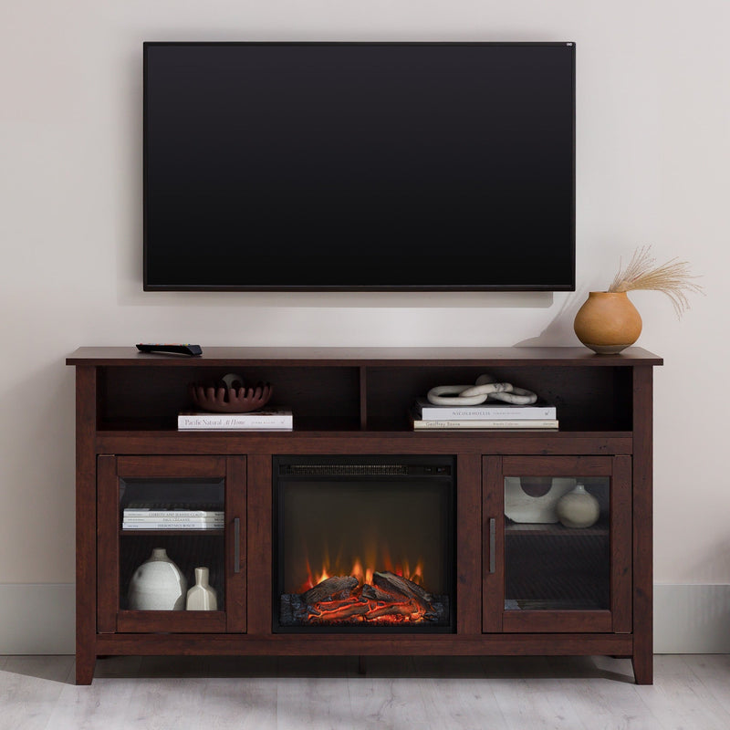 Wasatch 58" Transitional Fireplace Glass Wood TV Stand Living Room Walker Edison Traditional Brown 