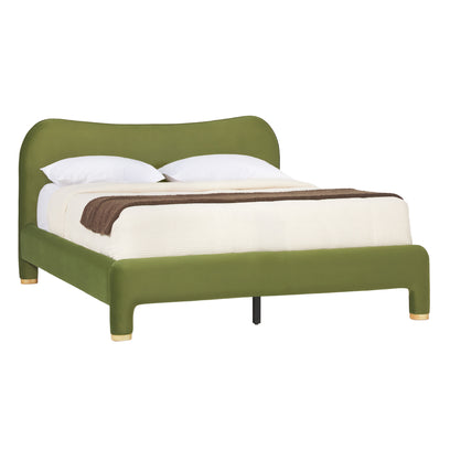 Green bed with white bedding and a brown blanket on a white background