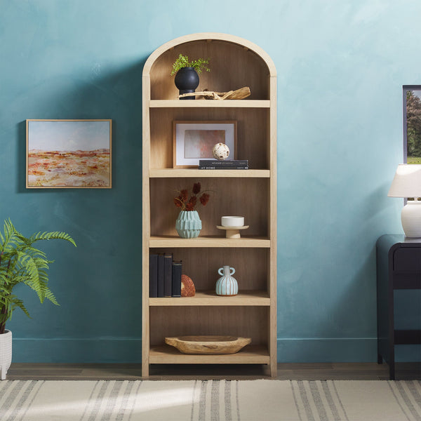 Chantelle Modern Arched Bookshelf with Open Shelves Living Room Walker Edison Coastal Oak 