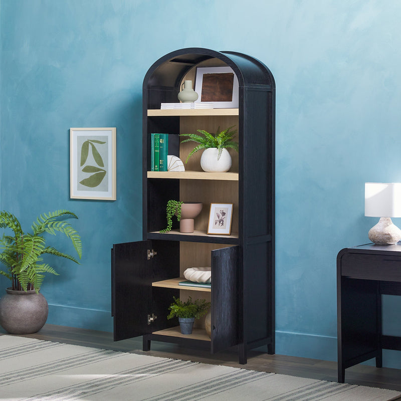 Chantelle Modern Arched Bookshelf with Cabinet Living Room Walker Edison Black 
