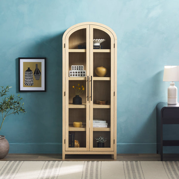 Chantelle Modern Arched Bookshelf with Glass Doors Living Room Walker Edison Coastal Oak 