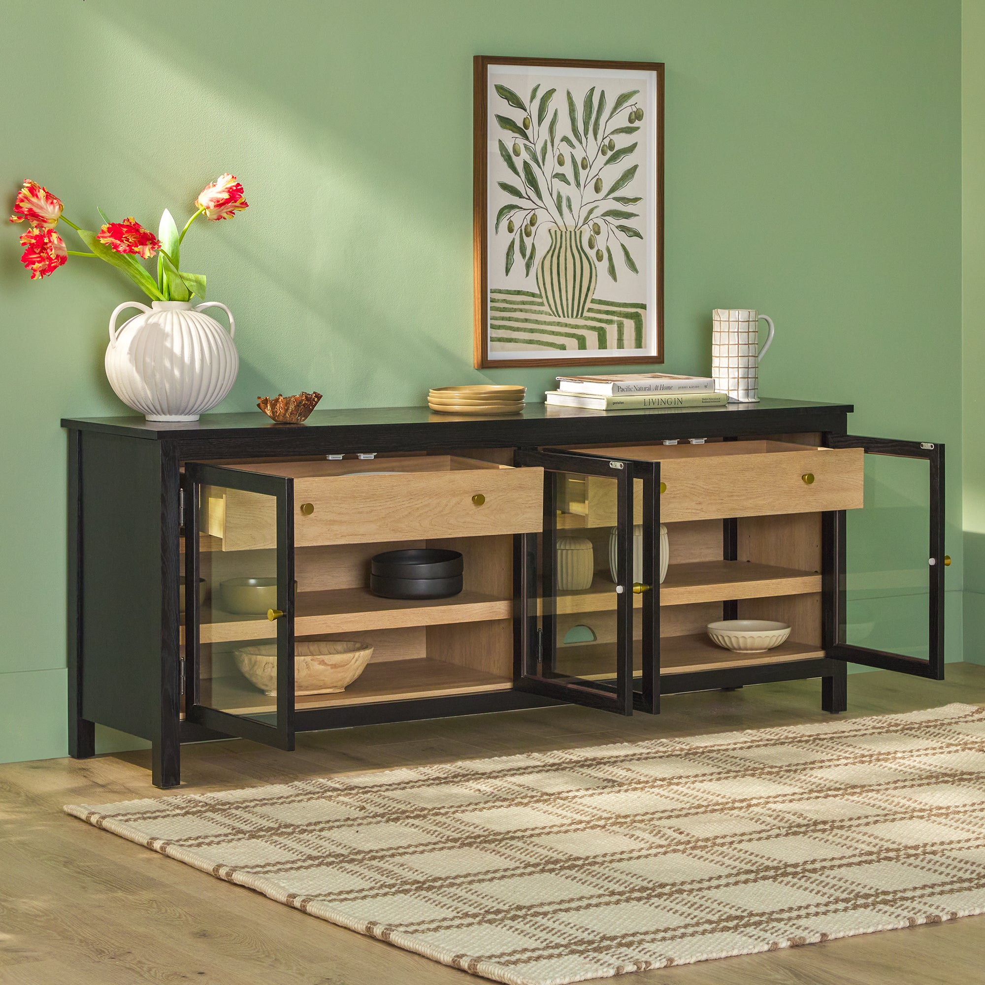 70 Inch TV Stand with Drawers | Glass Door Media Console | Harlow