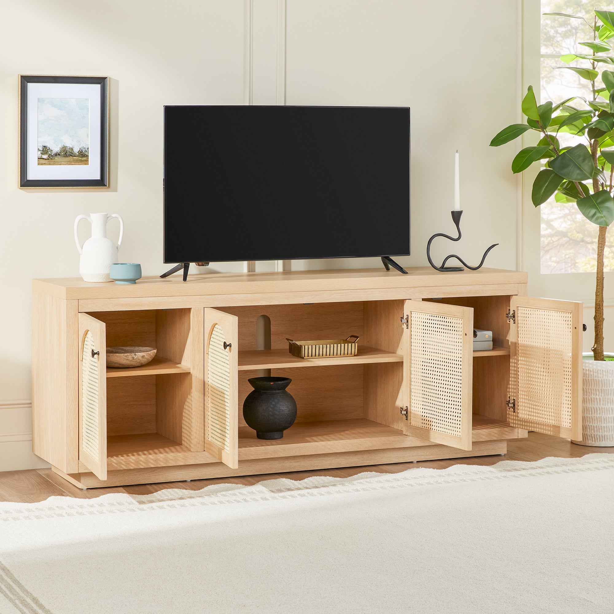 Sasha Contemporary TV Stand and Sideboard with Rattan Doors for up