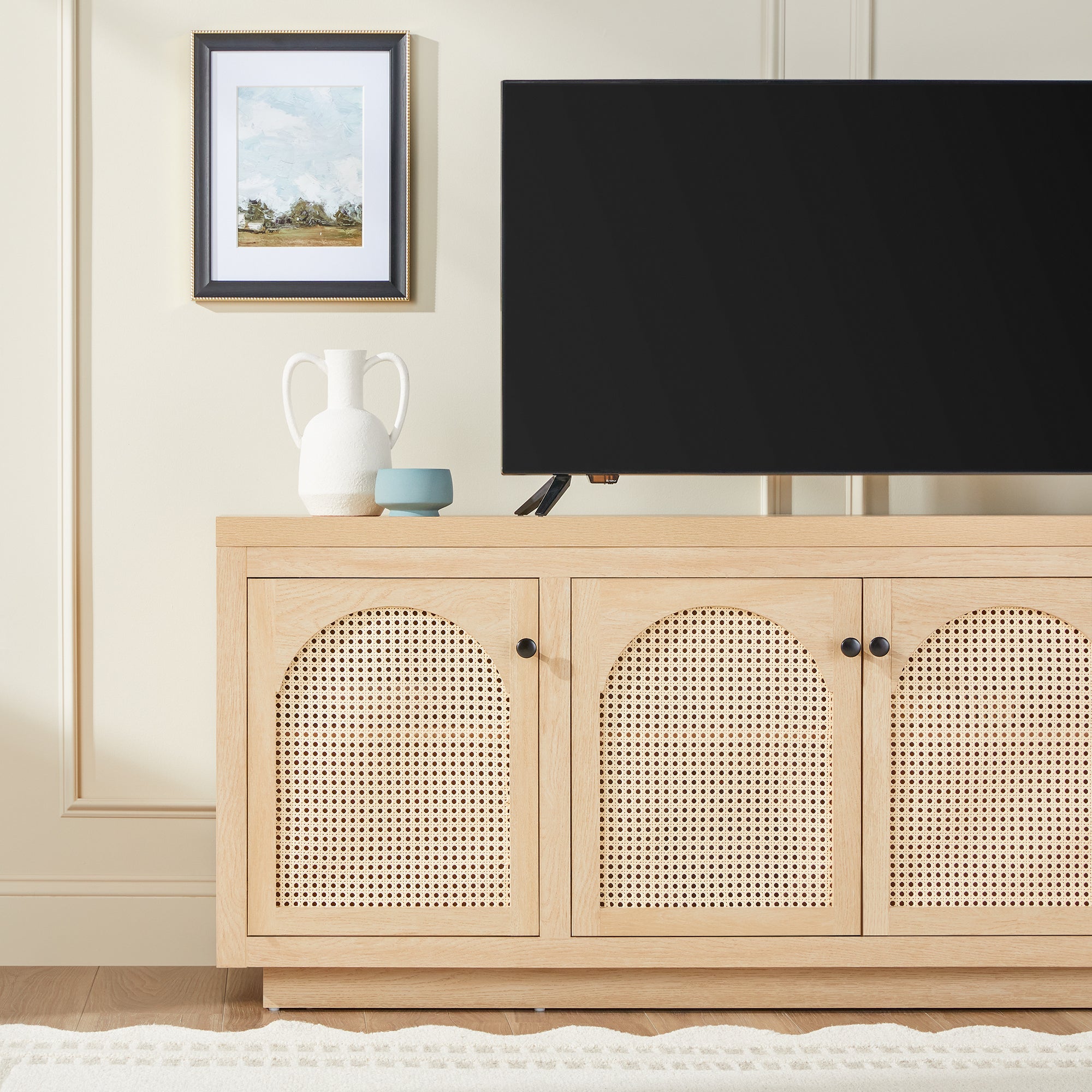 Sasha Contemporary TV Stand and Sideboard with Rattan Doors for up