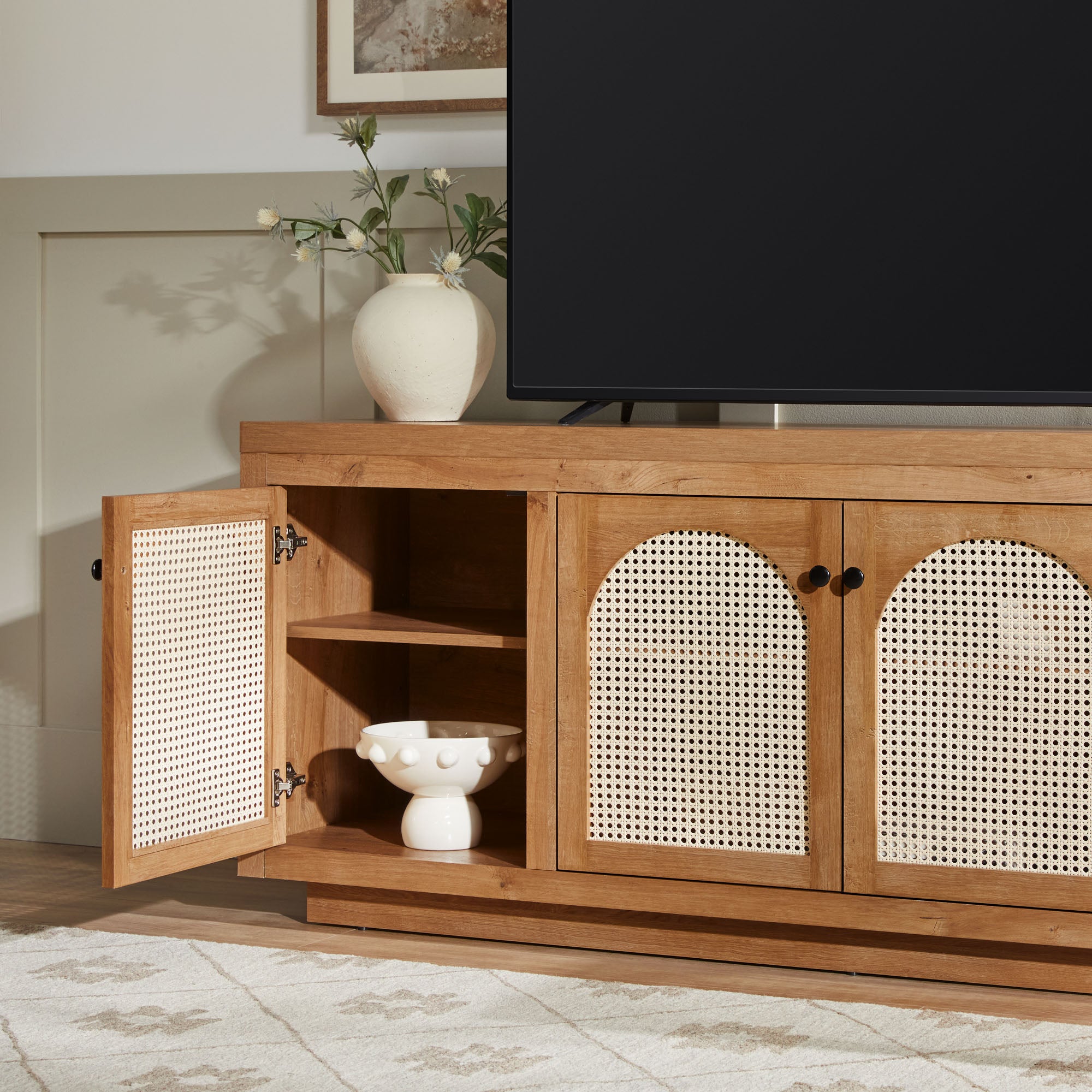 Sasha Contemporary TV Stand and Sideboard with Rattan Doors for up