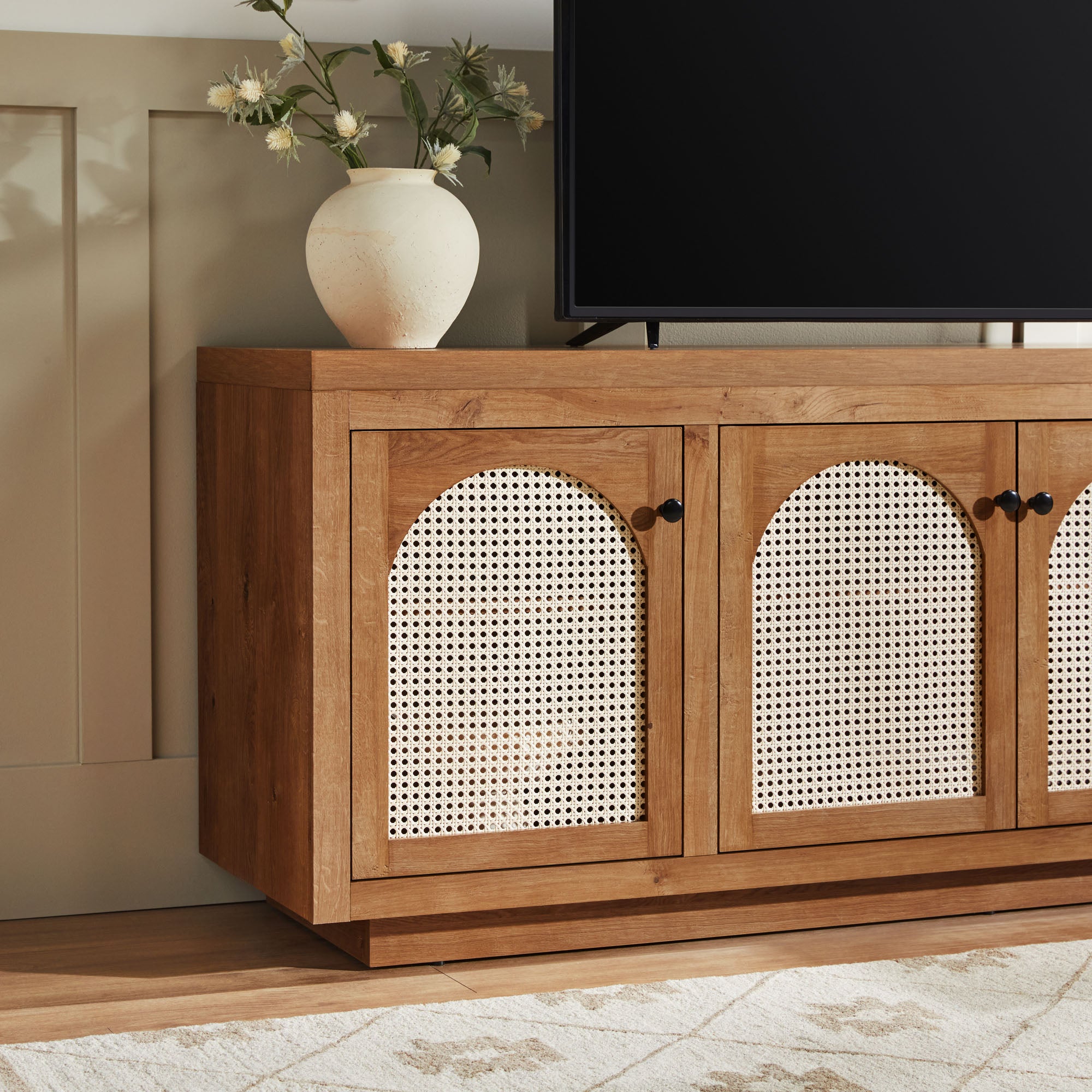 Sasha Contemporary TV Stand and Sideboard with Rattan Doors for up