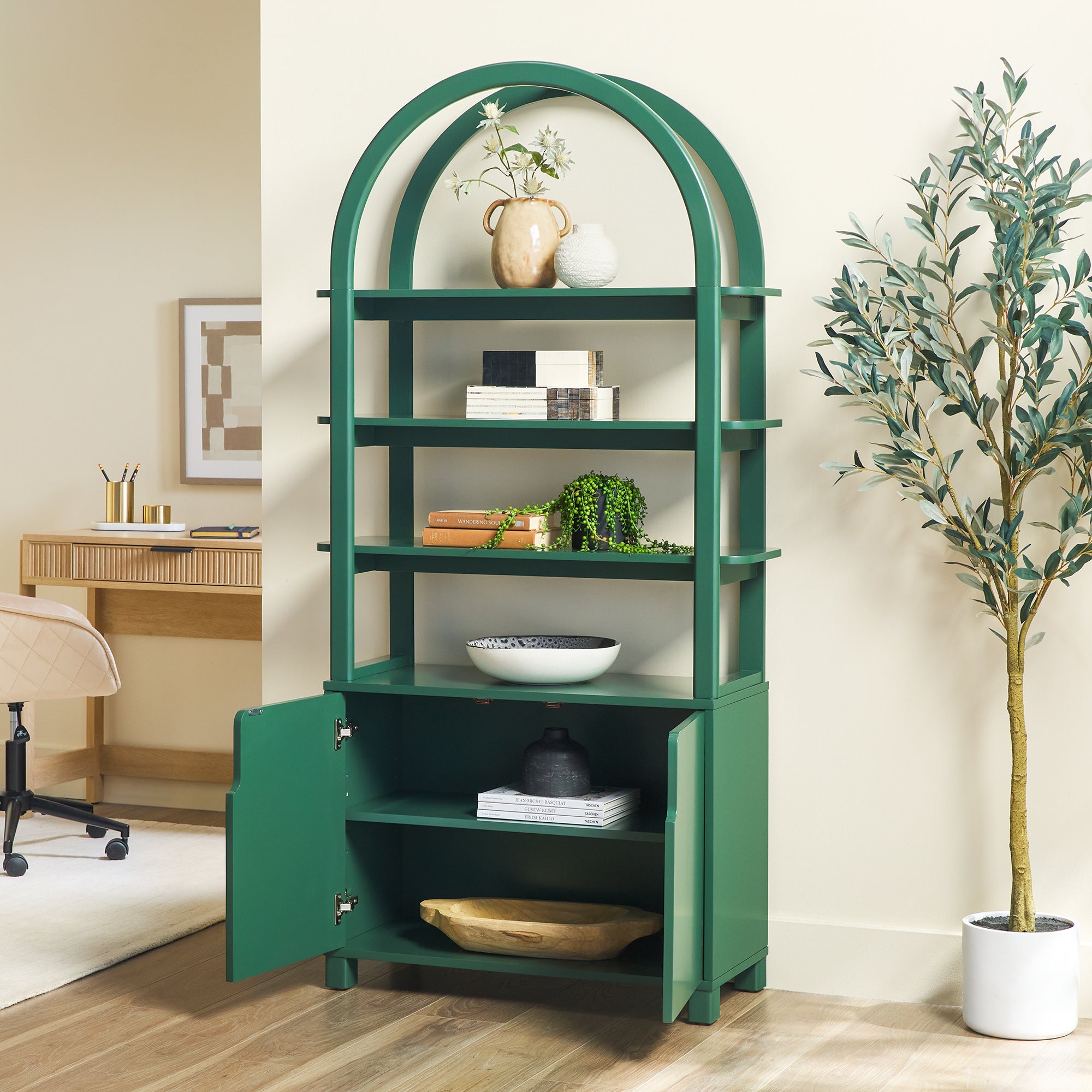 Zoey Modern Arched Wood Cabinet Storage Bookcase – Walker Edison