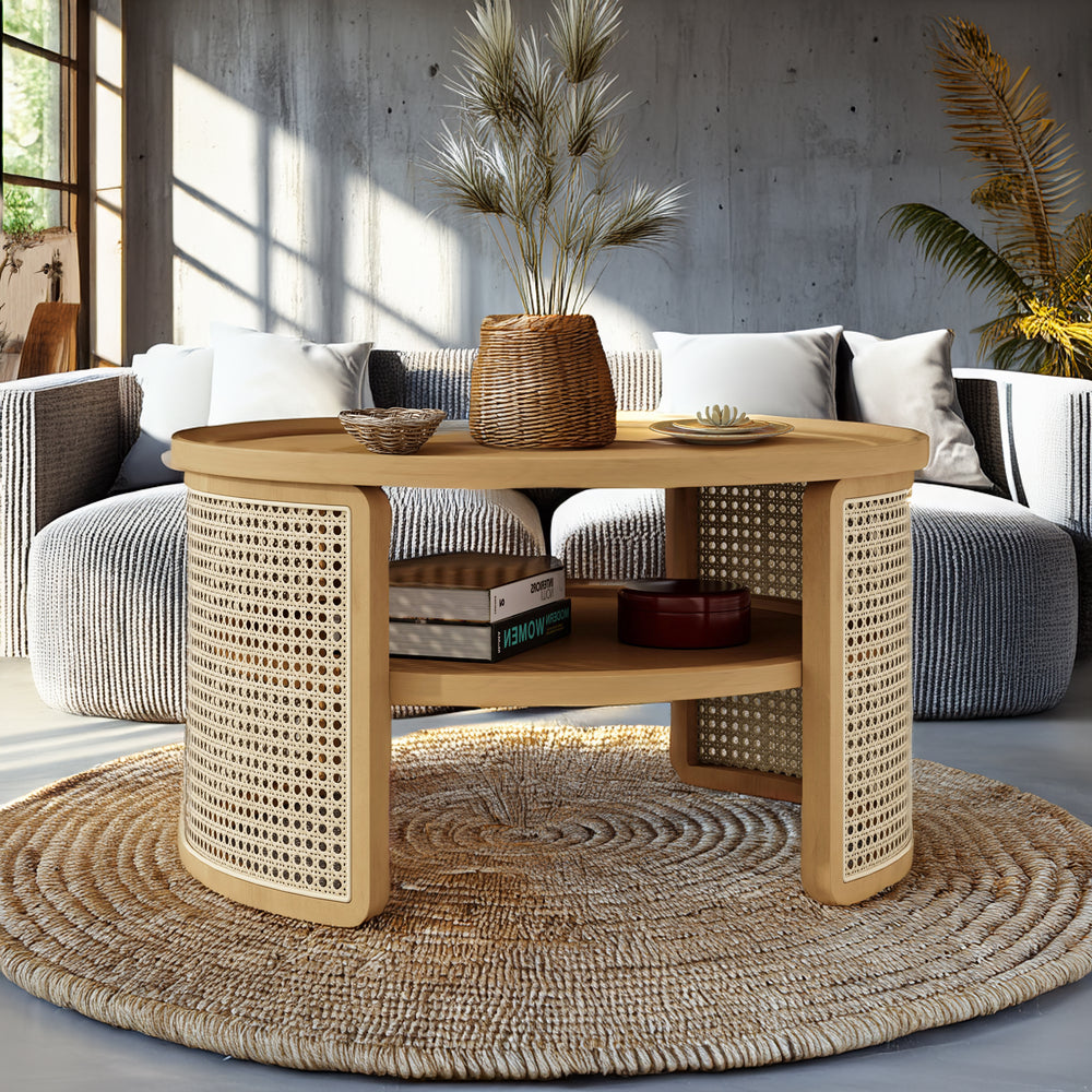 Walker Edison | Tiered Round Rattan Coffee Table with Storage, image size:1000x1000