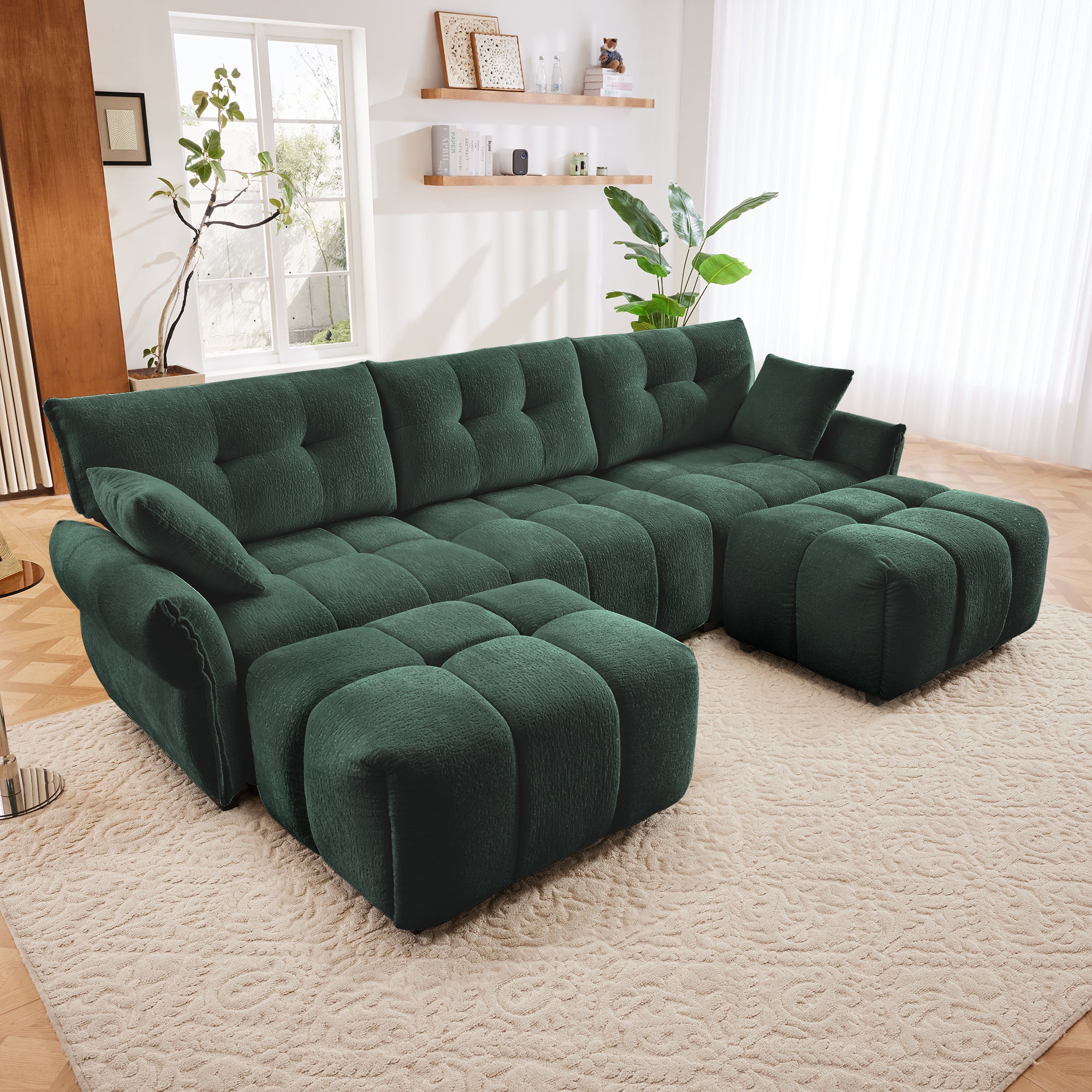 Walker Edison | Green Chenille Tufted Sectional Sofa Set With Ottoman