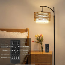 Walker Edison | Arc Floor Lamp for Living Room with 3 Color Temperatures, Farmhouse Floor Lamps with Remote & Dimmable Bulb, Boho Standing Lamp with Rattan & Fabric Shades, Adjustable Tall Lamp for Bedroom, Office