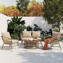 Walker Edison | GO Bohemia-inspired 4-Person Outdoor Seating Group With Removable Cushions, Conversation Patio Set With Wood Tabletop, Beige